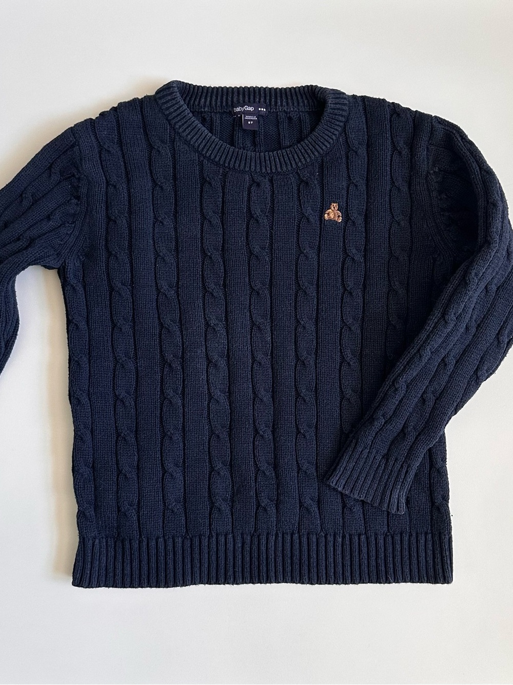 GAP Men’s Navy Cable Crewneck Sweater with Embroidered Bear
